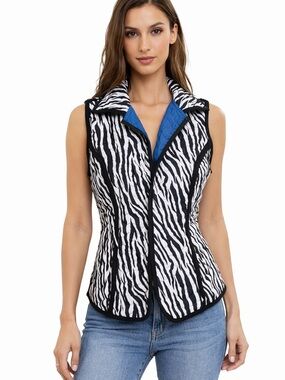 For Cynthia Petite Zebra Print Reversible Quilted Vest Blue Black size Petite La